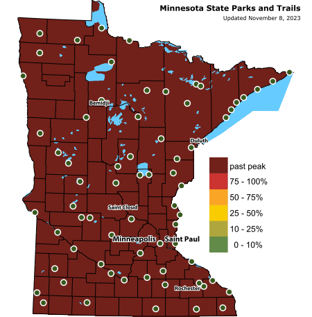 Map of current fall colors in Minnesota with color coded ranges